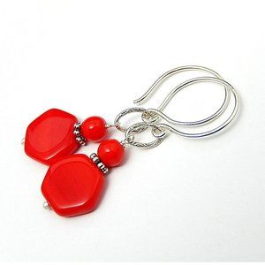 Bright Red Drop Earrings, Sterling Silver